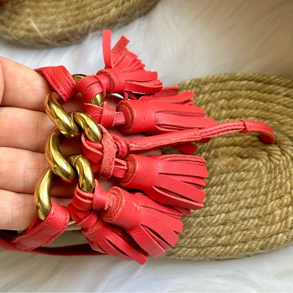 Lanvin Pink Leather Tassels Gold Chain Espadrille Sandals - Picture 4 of 10